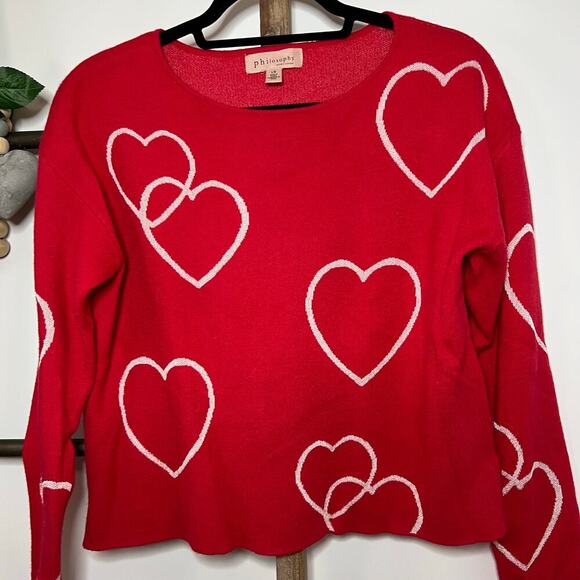 Philosophy Red Pink Hearts Long Sleeve Crew Neck Sweater Size Large - Picture 3 of 8